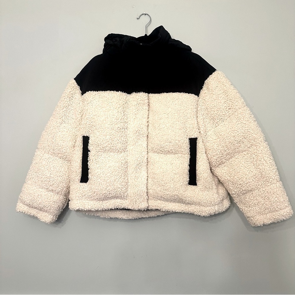 Maje Faux Shearling Padded Quilted Jacket Coat Colorblock Hoodie Sz 1 Oversized